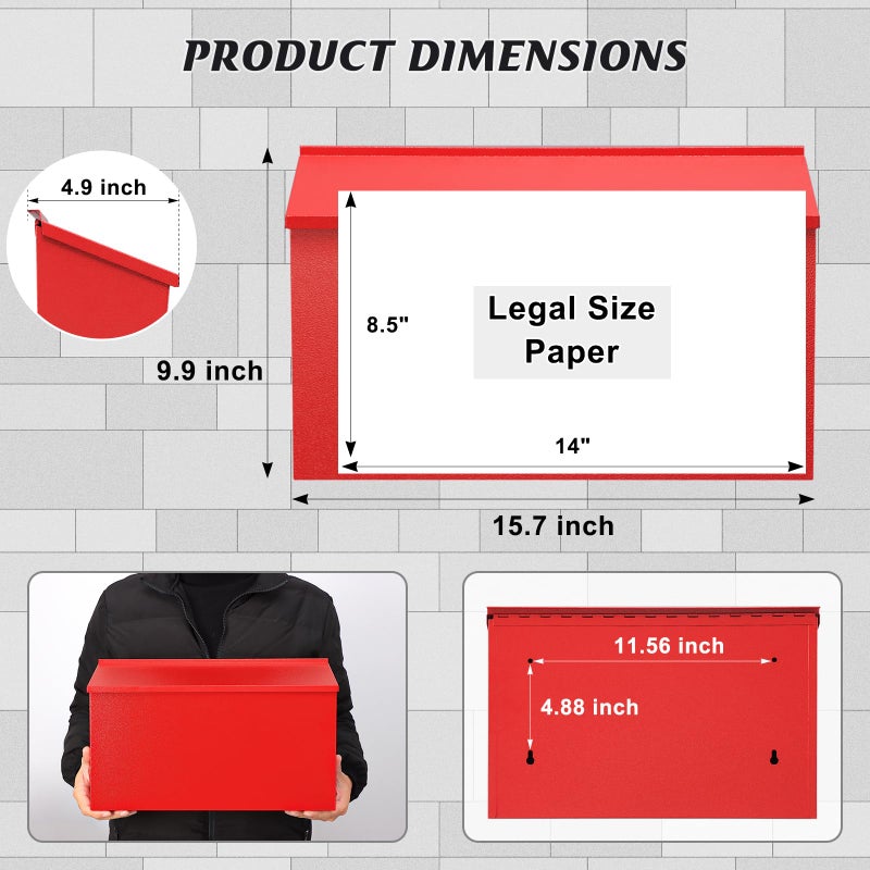 KYODOLED Wall-Mount Mailbox, Large Capacity Mail Box, Galvanized Steel Rust-Proof Metal Post Box, Mailboxes for Outside,15.7"x9.9"x4.9" Red - Image 2